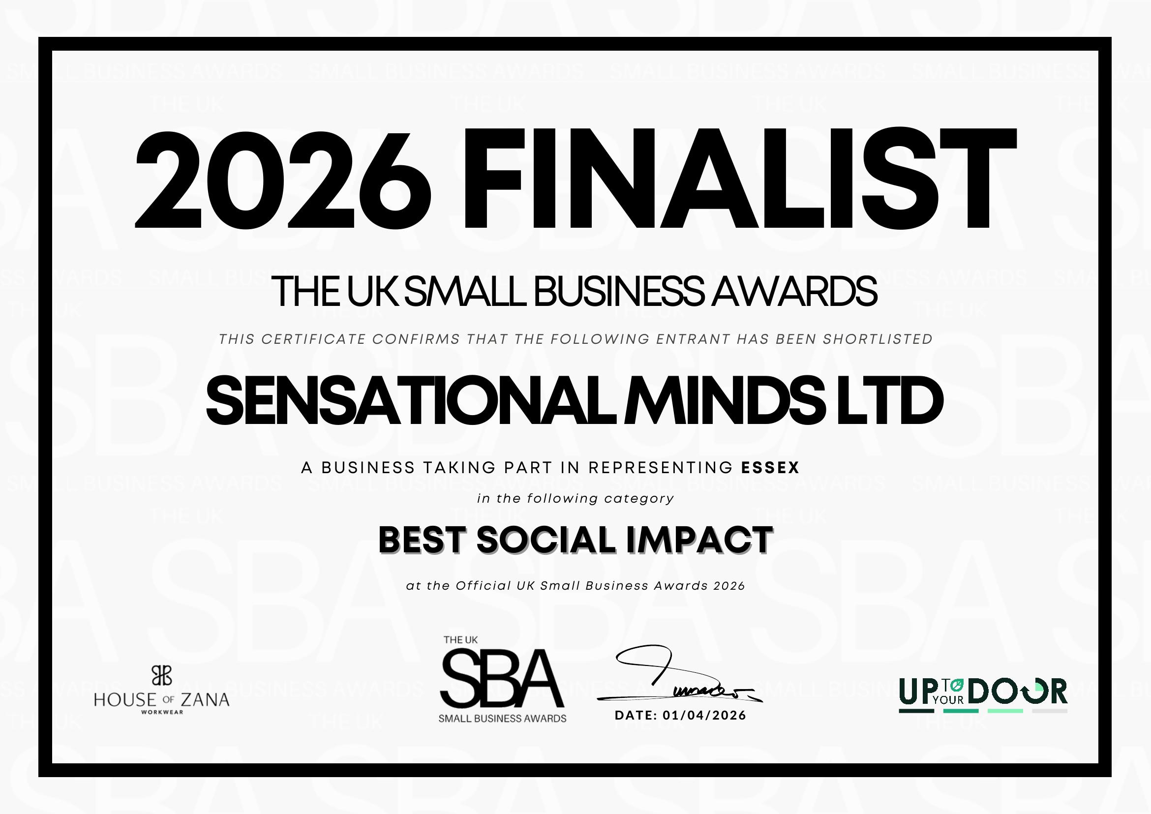 UK Small Business Awards 2026 finalist certificate for Sensational Minds Ltd in the Best Social Impact category, representing Essex