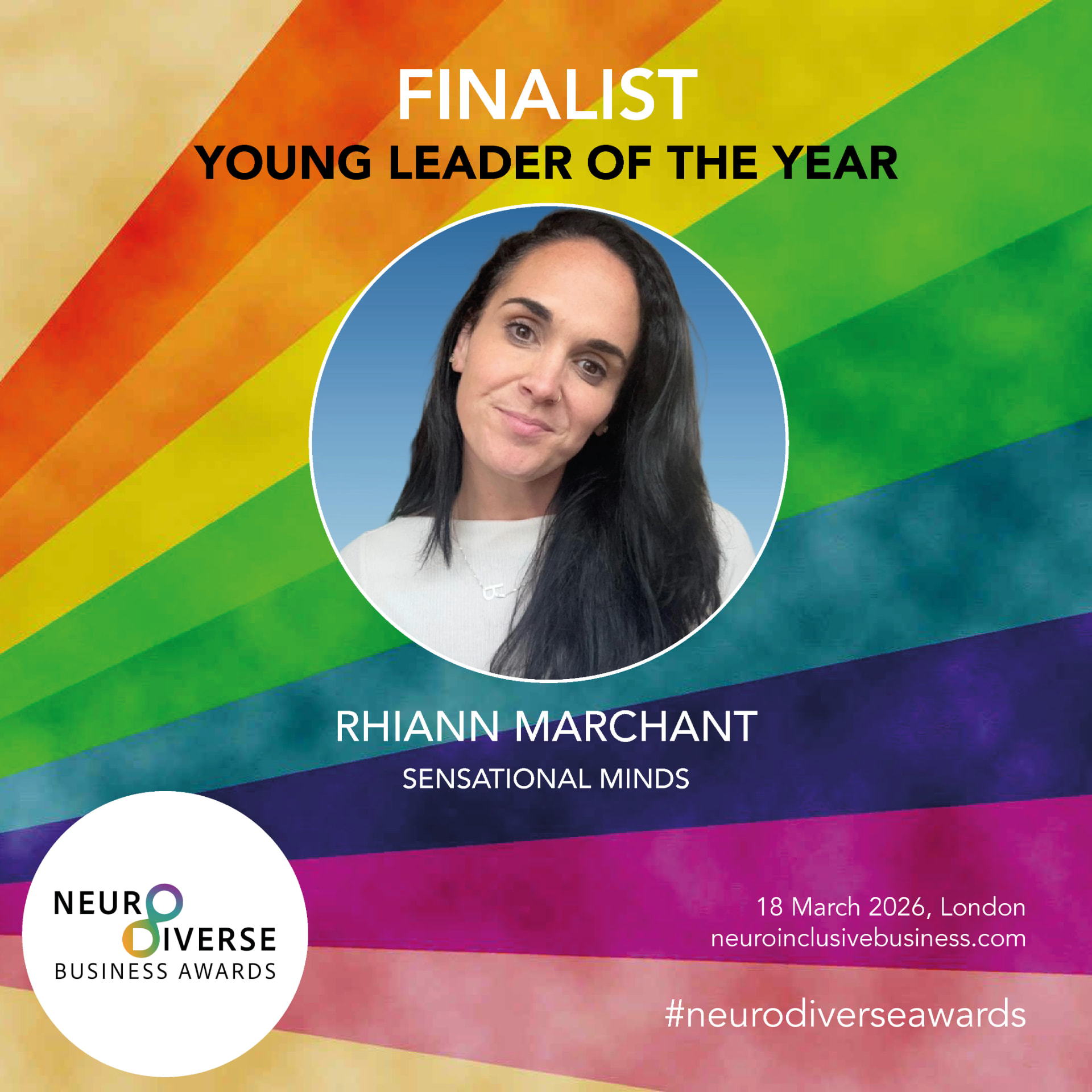 Neurodiverse Business Awards 2026 finalist graphic for Rhiann Marchant of Sensational Minds in the Young Leader of the Year category
