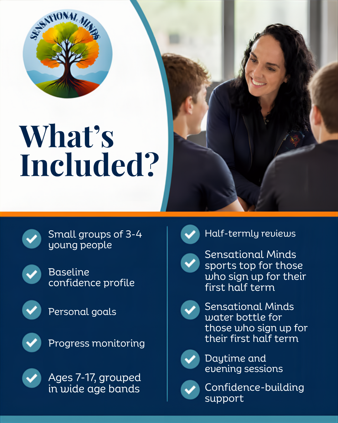 What's included? Small groups of three to four young people, a baseline confidence profile, personal goals, progress monitoring, ages seven to seventeen in wide age bands, half-termly reviews, a Sensational Minds sports top and water bottle for first half-term sign-ups, daytime and evening sessions and confidence-building support.