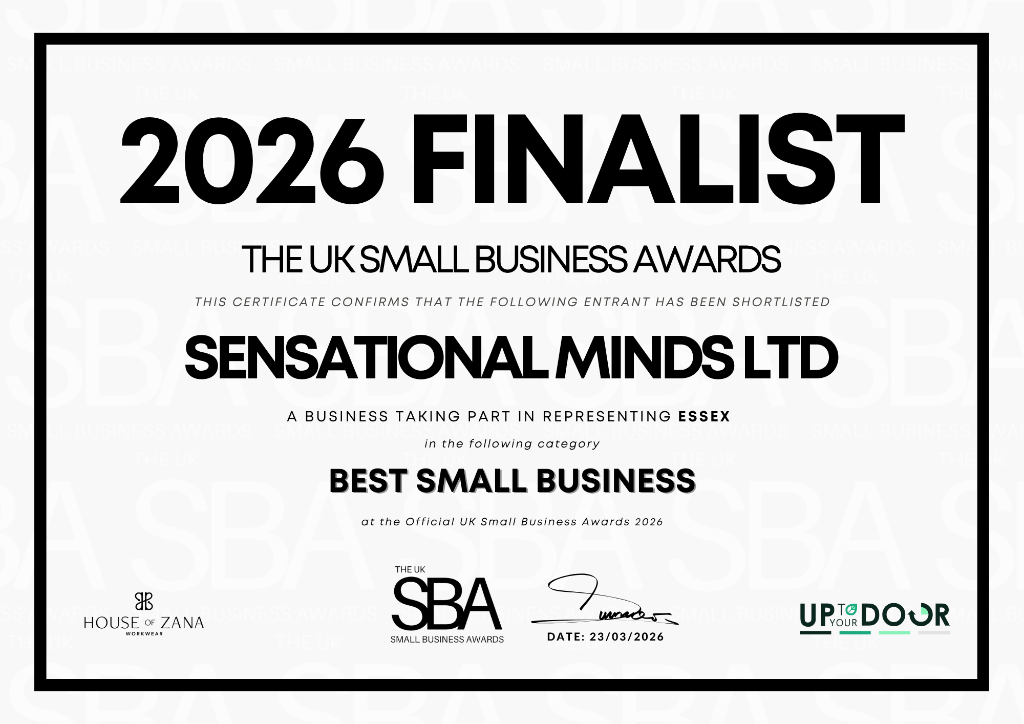 UK Small Business Awards 2026 finalist certificate for Sensational Minds Ltd in the Best Small Business category, representing Essex