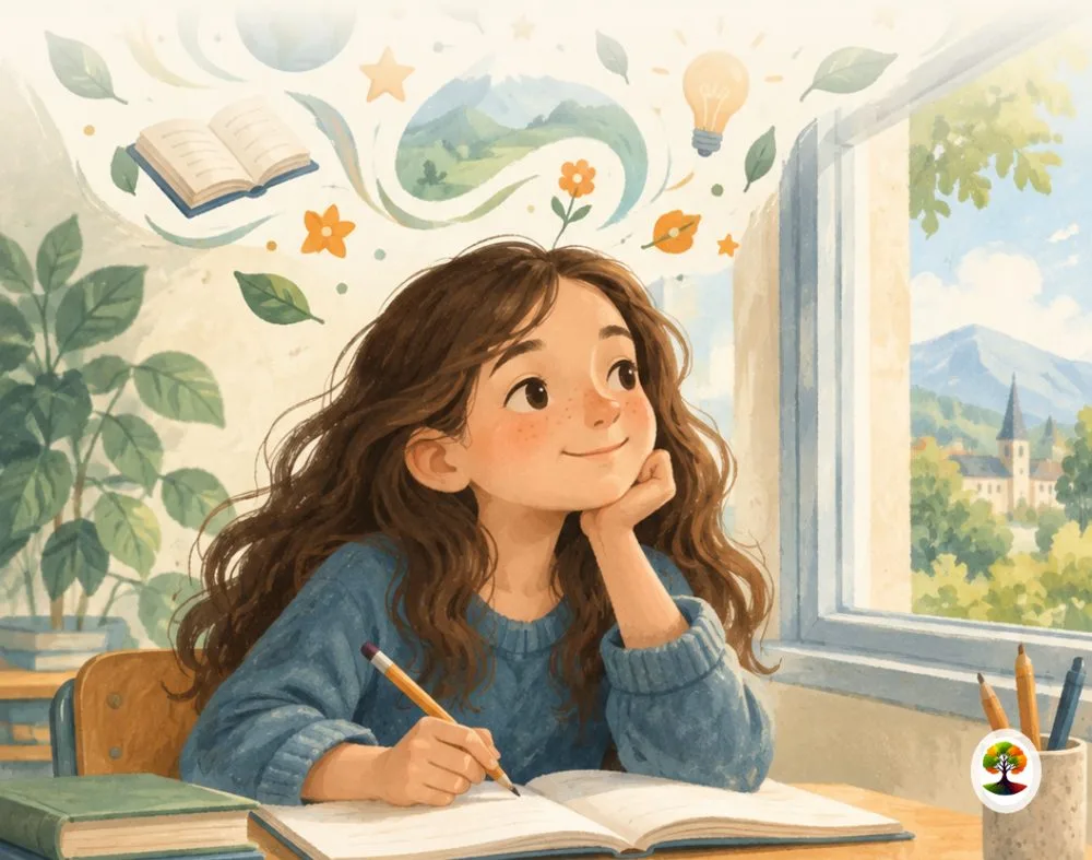 Watercolour illustration of a girl daydreaming happily at her desk